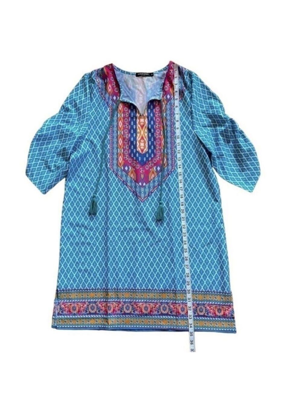 Urban Coco Blue Multicolor Ruche Sleeve Swim Coverup Dress with Tassels Medium - Picture 11 of 14